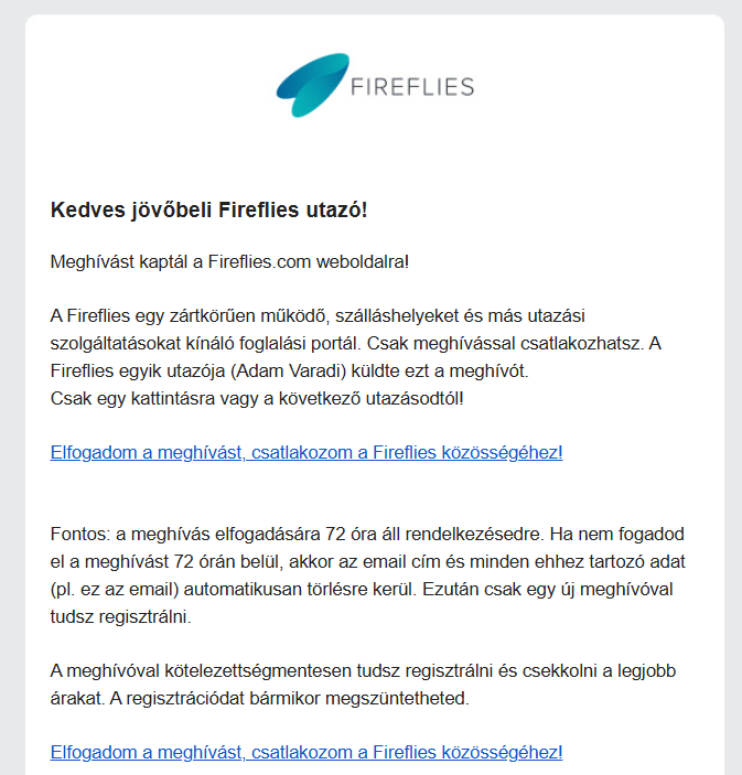 Email meghívás esetén ilyen levelet kap
