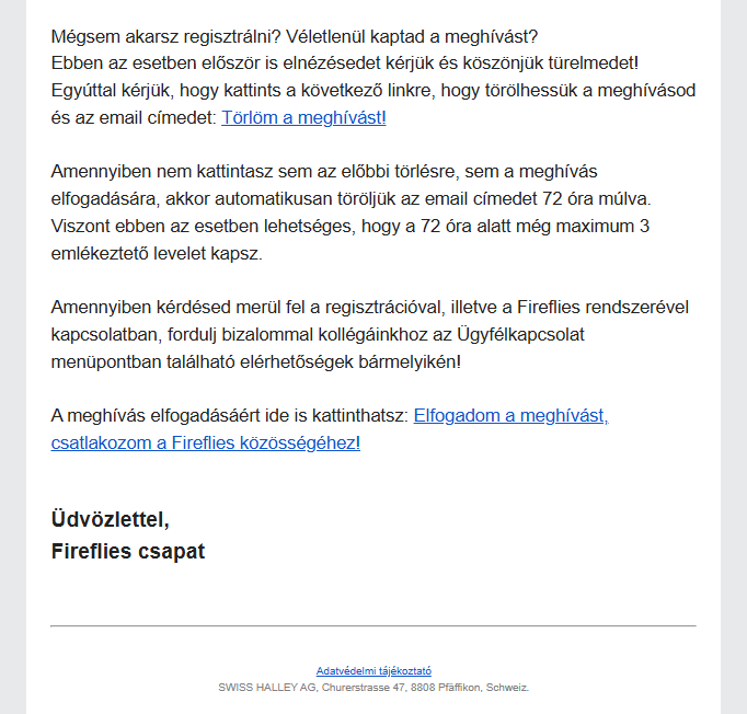 Email meghívás esetén ilyen levelet kap